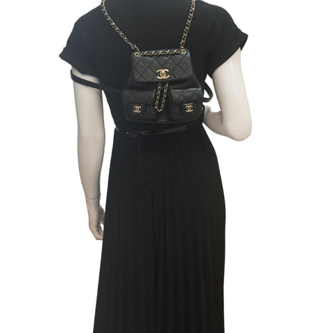 CHANEL Duma Pockets Small Quilted Caviar Leather Drawstring Backpack Black