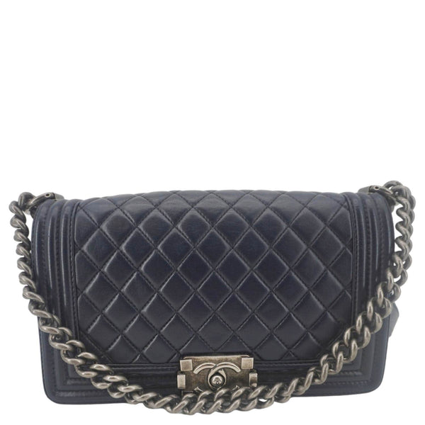 CHANEL Boy Flap Medium Quilted Lambskin Leather Crossbody Bag Navy Blue
