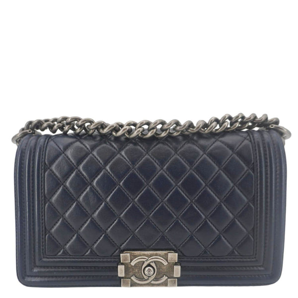 CHANEL Boy Flap Medium Quilted Lambskin Leather Crossbody Bag Navy Blue