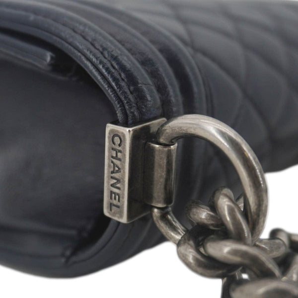 CHANEL Boy Flap Medium Quilted Lambskin Leather Crossbody Bag Navy Blue