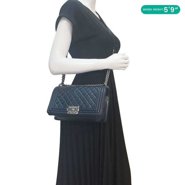 CHANEL Boy Flap Medium Quilted Lambskin Leather Crossbody Bag Navy Blue