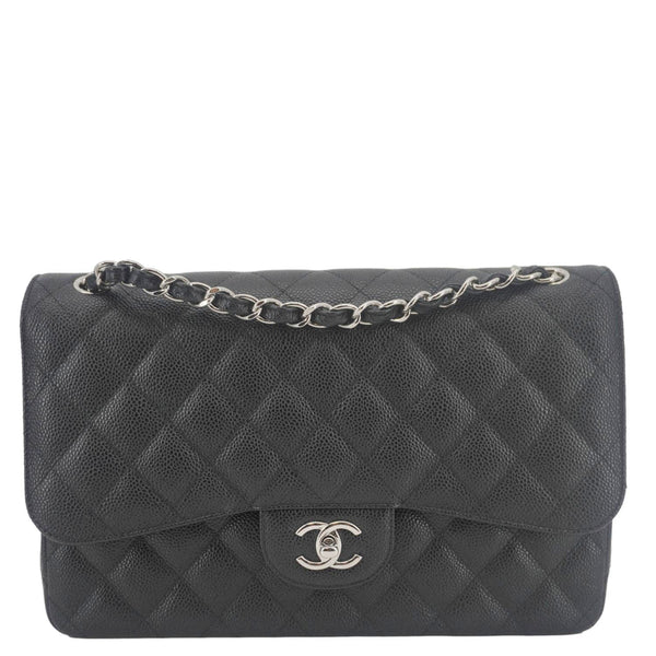CHANEL Classic Double Flap Jumbo Quilted Caviar Leather Crossbody Bag Black
