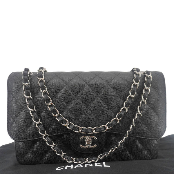 CHANEL Classic Double Flap Jumbo Quilted Caviar Leather Crossbody Bag Black