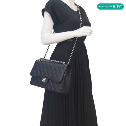 CHANEL Classic Double Flap Jumbo Quilted Caviar Leather Crossbody Bag Black