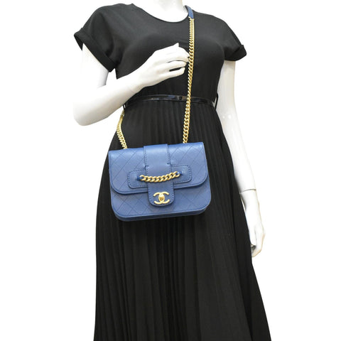 CHANEL Front Chain Flap Quilted Leather Shoulder Bag Blue