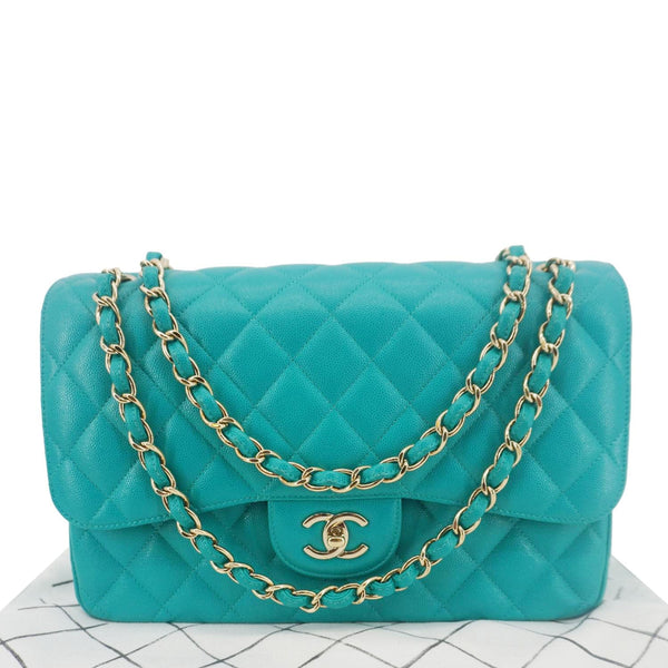 CHANEL Classic Double Flap Jumbo Quilted Caviar Leather Shoulder Bag Turquoise