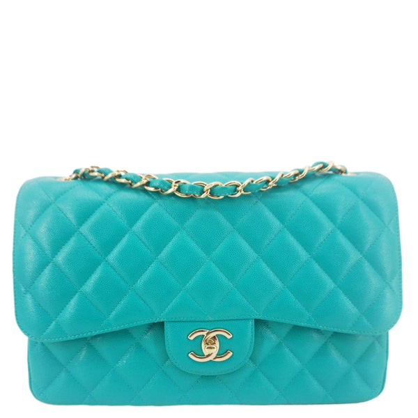 CHANEL Classic Double Flap Jumbo Quilted Caviar Leather Shoulder Bag Turquoise