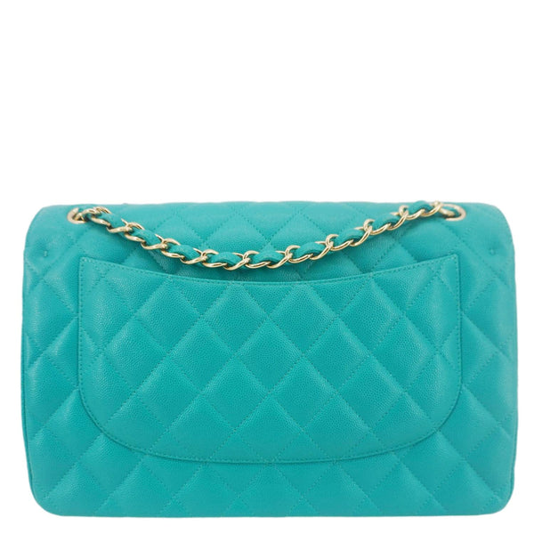 CHANEL Classic Double Flap Jumbo Quilted Caviar Leather Shoulder Bag Turquoise