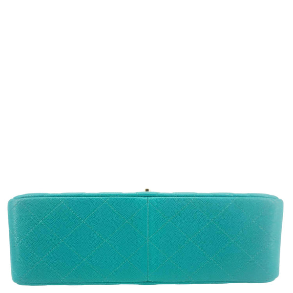 CHANEL Classic Double Flap Jumbo Quilted Caviar Leather Shoulder Bag Turquoise