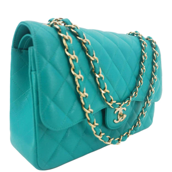 CHANEL Classic Double Flap Jumbo Quilted Caviar Leather Shoulder Bag Turquoise