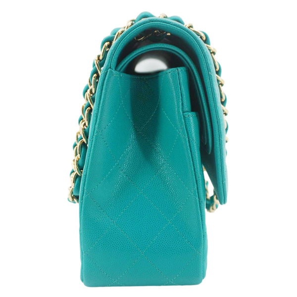 CHANEL Classic Double Flap Jumbo Quilted Caviar Leather Shoulder Bag Turquoise