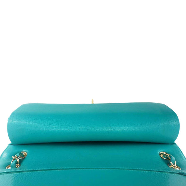 CHANEL Classic Double Flap Jumbo Quilted Caviar Leather Shoulder Bag Turquoise