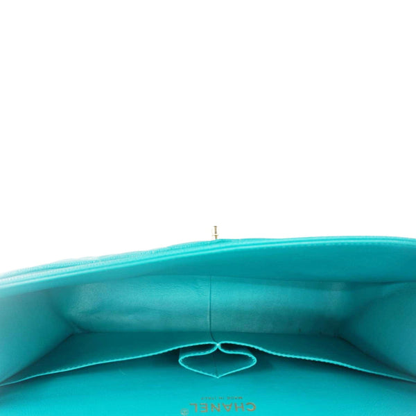 CHANEL Classic Double Flap Jumbo Quilted Caviar Leather Shoulder Bag Turquoise