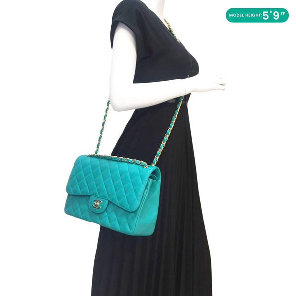 CHANEL Classic Double Flap Jumbo Quilted Caviar Leather Shoulder Bag Turquoise
