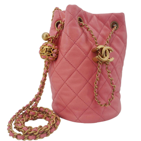 CHANEL Pearl Crush Quilted Leather Drawstring Bucket Bag Pink
