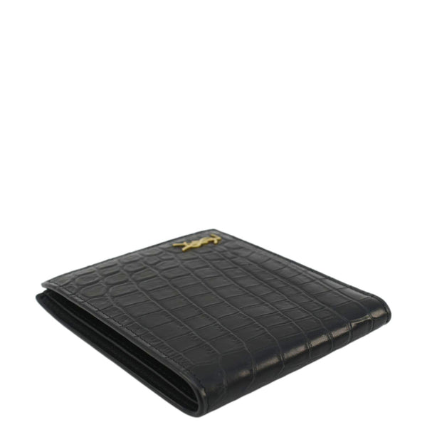 YVES SAINT LAURENT Crocodile Print Leather Billfold Wallet Black