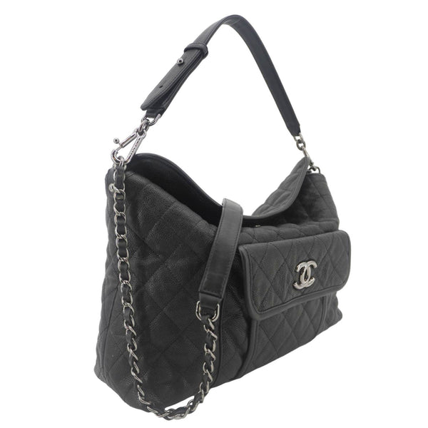 CHANEL French Riviera Quilted Caviar Leather Hobo Bag Black