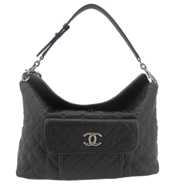 CHANEL French Riviera Quilted Caviar Leather Hobo Bag Black