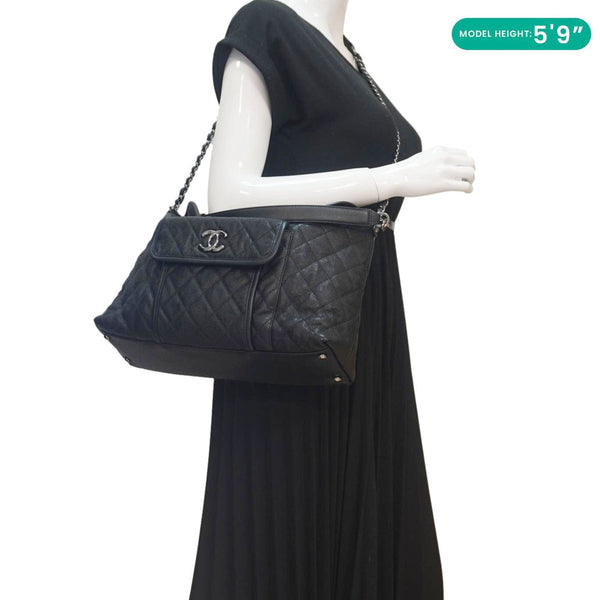 CHANEL French Riviera Quilted Caviar Leather Hobo Bag Black