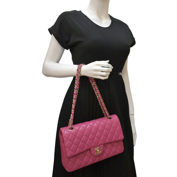 CHANEL Classic Medium Double Flap Quilted Lambskin Leather Shoulder Bag Pink