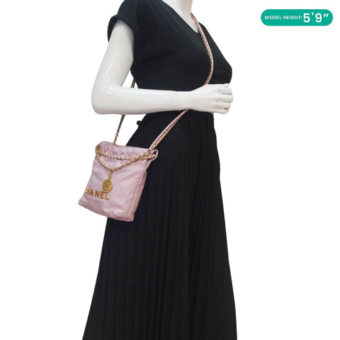 CHANEL 22 Mini Shiny Calfskin Leather Chain Crossbody Bag Pink