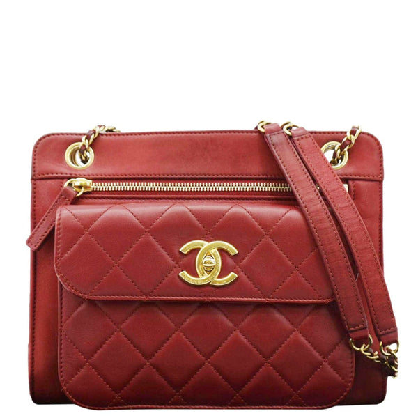 CHANEL Square Front Pocket Quilted Leather Chain Crossbody Bag Red