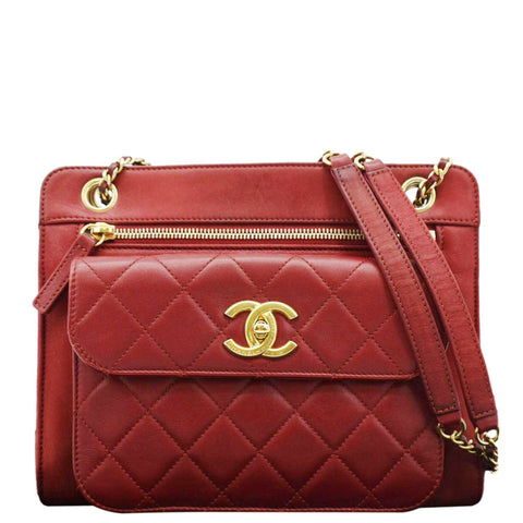 CHANEL Square Front Pocket Quilted Leather Chain Crossbody Bag Red