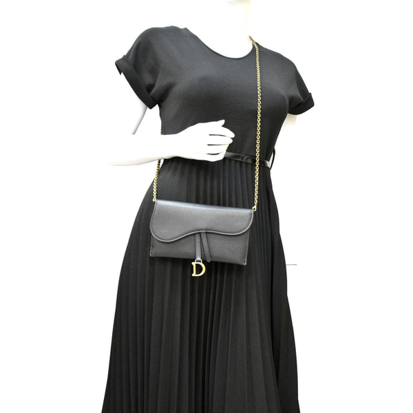 CHRISTIAN DIOR Long Saddle Leather Crossbody Chain Wallet Black