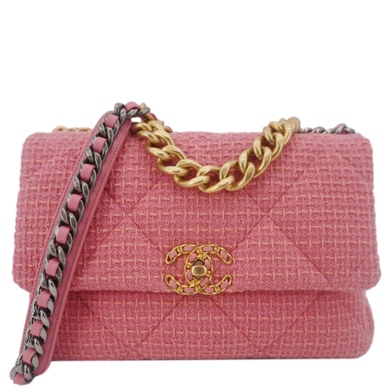 CHANEL 19 Flap Medium Quilted Tweed Shoulder Bag Rose Pink