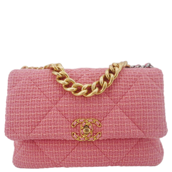 CHANEL 19 Flap Medium Quilted Tweed Shoulder Bag Rose Pink