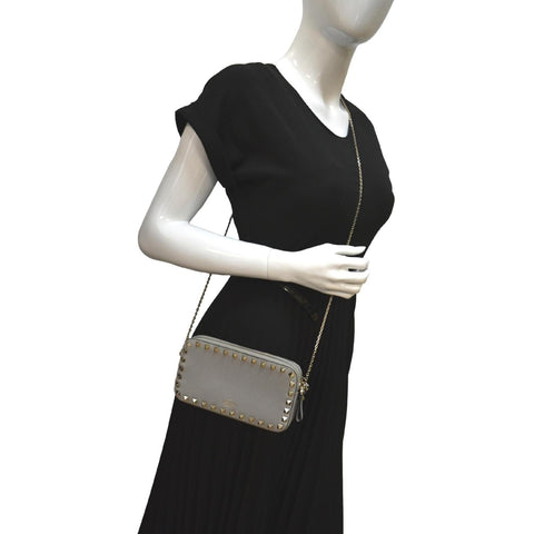 VALENTINO Double Zip Rockstud Leather Chain Crossbody Bag Grey