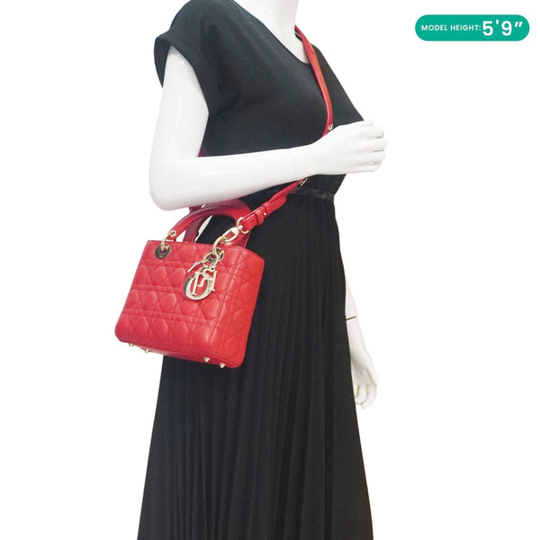 CHRISTIAN DIOR Lady Dior Cannage Lambskin Leather Crossbody Bag Red