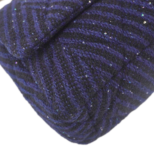 CHANEL 19 Flap Quilted Tweed Sequins Shoulder Bag Navy Blue