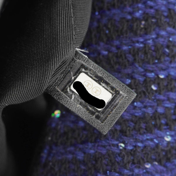 CHANEL 19 Flap Quilted Tweed Sequins Shoulder Bag Navy Blue