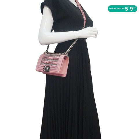 CHANEL Boy Flap Small Woven Leather Shoulder Bag Pink