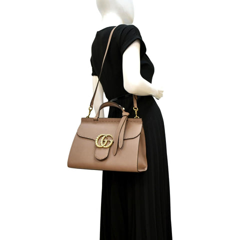GUCCI GG Marmont Leather Top Handle Shoulder Bag Beige 421890