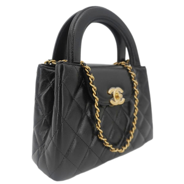 CHANEL Kelly Nano Quilted Aged Calfskin Leather Top Handle Shoulder Bag Black