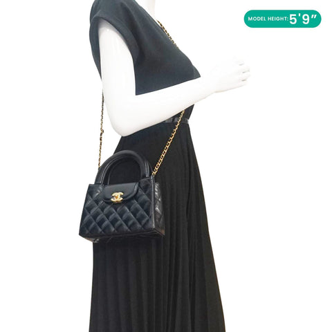 CHANEL Kelly Nano Quilted Aged Calfskin Leather Top Handle Shoulder Bag Black