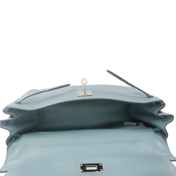 HERMES Kelly 32 Square Taurillon Clemence Leather Tote Shoulder Bag Light Blue