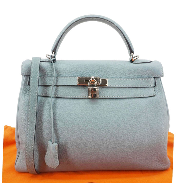 HERMES Kelly 32 Square Taurillon Clemence Leather Tote Shoulder Bag Light Blue