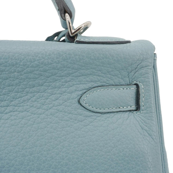 HERMES Kelly 32 Square Taurillon Clemence Leather Tote Shoulder Bag Light Blue