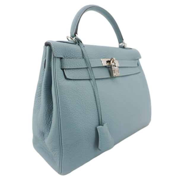 HERMES Kelly 32 Square Taurillon Clemence Leather Tote Shoulder Bag Light Blue