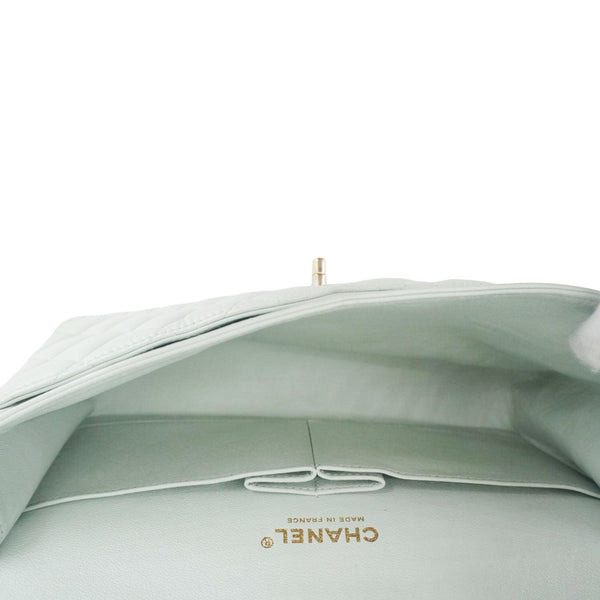 CHANEL Classic Double Flap Small Quilted Leather Shoulder Bag Light Green