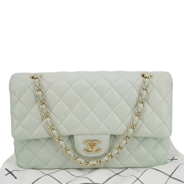CHANEL Classic Double Flap Small Quilted Leather Shoulder Bag Light Green