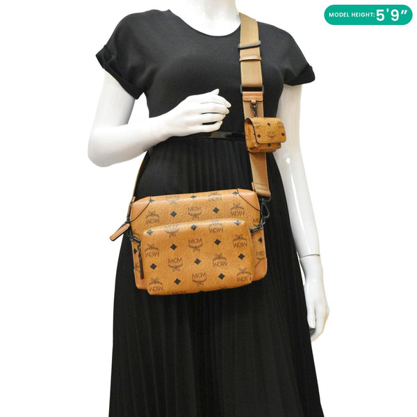 MCM Klassik Multifunction Small Visetos Canvas Crossbody Bag Cognac