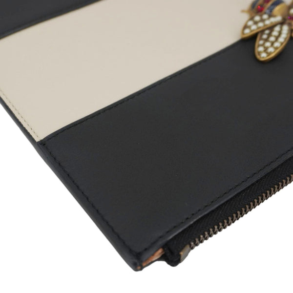 GUCCI Striped Bee Calfskin Leather Pouch Black 476077