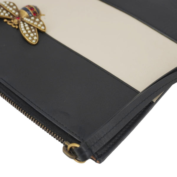 GUCCI Striped Bee Calfskin Leather Pouch Black 476077