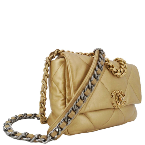 CHANEL 19 Flap Quilted Lambskin Leather Shoulder Bag Metallic Gold