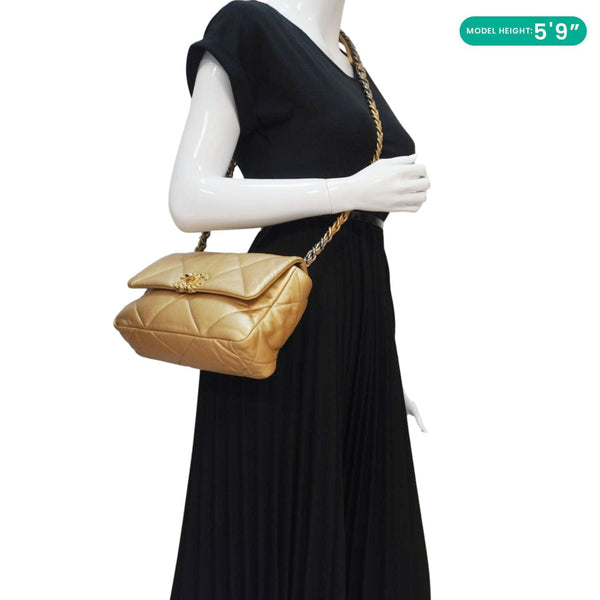 CHANEL 19 Flap Quilted Lambskin Leather Shoulder Bag Metallic Gold