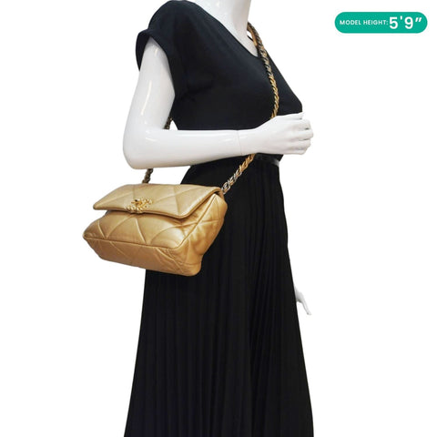 CHANEL 19 Flap Quilted Lambskin Leather Shoulder Bag Metallic Gold